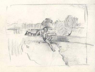 Maurice Feild (1905-1988) - 1970s Charcoal Drawing, Young Boys by a River