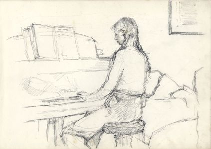 Maurice Feild (1905-1988) - 1970s Graphite Drawing, Girl at a Piano