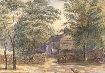 English School 19th Century Watercolour - House and Figures in Woodland