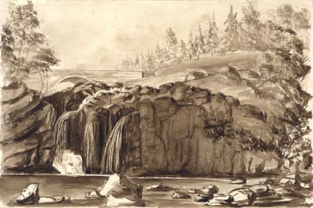 English School Sepia 19th Century Watercolour - Classical Waterfall Landscape