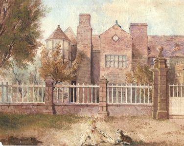 English School 19th Century Watercolour - Manor House with Young Boy and Dog