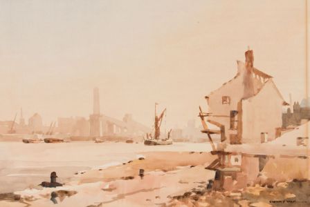Sydney Vale FRSA - Exhibited  1992 Watercolour, Dock at Isle of Dogs, London