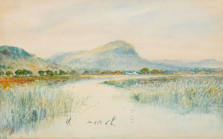 W. Sydney - Signed 1885 Watercolour, River Landscape with Mountain Beyond
