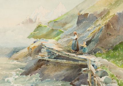 Margery Rose Gordon Hake - 1894 Watercolour, Woman and a Child on a Cliff Path