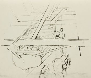 Barbara Dorf - Mid 20th Century Pen and Ink Drawing, Boat Yard