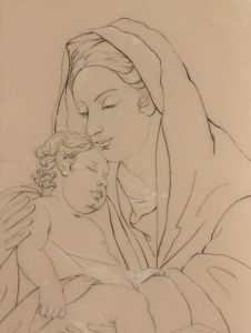 Classical Early 20th Century Charcoal Drawing - Madonna and Child