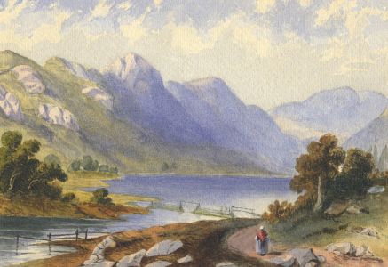Late 19th Century Watercolour - Woman Walking in Mountain and River Landscape