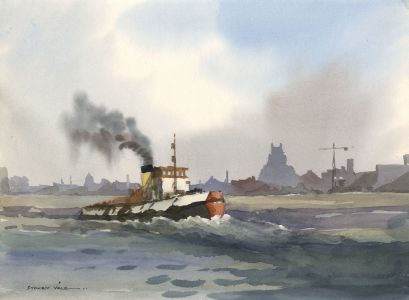 Sydney Vale FRSA - Mid 20th Century Watercolour, Steam Ship off a Harbour
