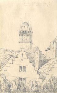English School Mid 19th Century Graphite Drawing - Ghent Belfry