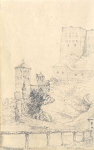English School Mid 19th Century Graphite Drawing - Buildings on a Hillside