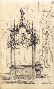 English School Mid 19th Century Pen and Ink Drawing - Font in a Church Interior