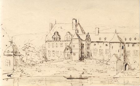 English School 1857 Pen and Ink Drawing - Hay from the Inn Window