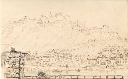 English School Mid 19th Century Pen and Ink Drawing - Hilled Town