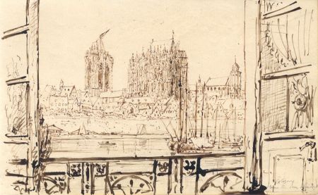 English School Mid 19th Century Pen and Ink Drawing- Cologne from the Inn Window