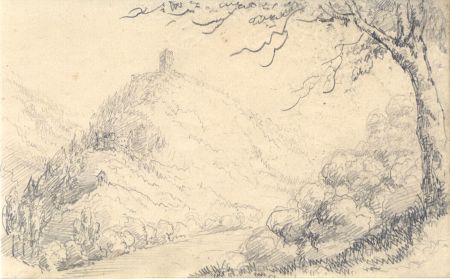 English School Mid 19th Century Graphite Drawing - Tower on a Hill