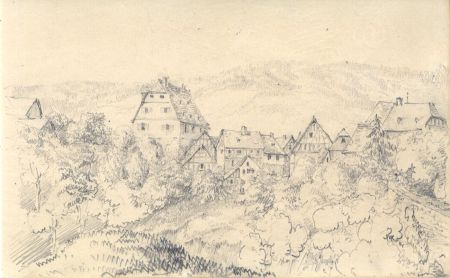 English School Mid 19th Century Graphite Drawing - Timber Houses in Mountains