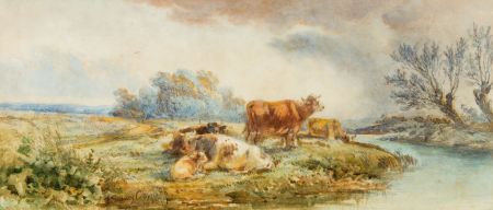 Attrib. to Thomas Sidney Cooper - 1879 Watercolour, Cattle Watering