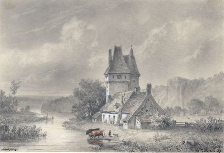 R. Ogilvie - 1847 Graphite Drawing, River Landscape with House and Cattle