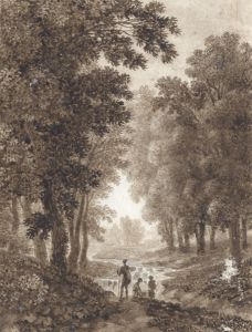 Sepia 1805 Watercolour - Figures in a River Landscape