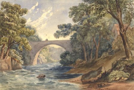 19th Century Watercolour - Figures on a Stone Bridge in a River Landscape