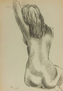 20th Century Charcoal Drawing - Kneeling Female Nude