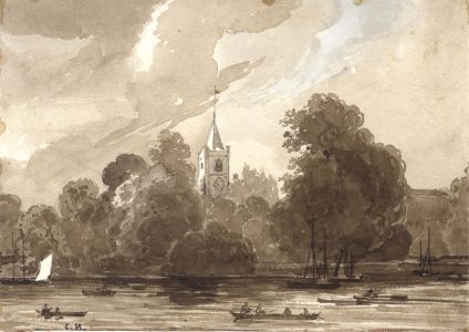 C.N. - English School c.1850 Watercolour, River Landscape