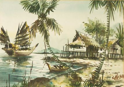 Signed Contemporary Watercolour - South East Asian Beach Scene