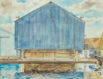 Brian Liddle - Large Contemporary Watercolour, Industrial Harbourside Scene