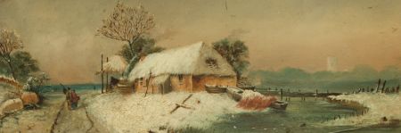 Signed 1880 Oil - Couple Outside Thatched Cottage in a Winter Landscape