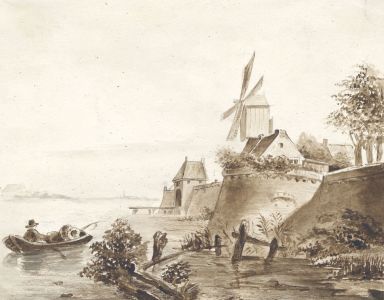 Jean Jacques Haakman- 19th Century Watercolour, River Landscape and Windmill
