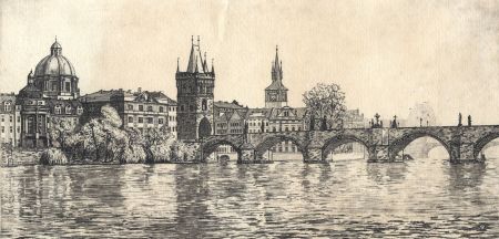 Signed 20th Century Etching - View of Prague