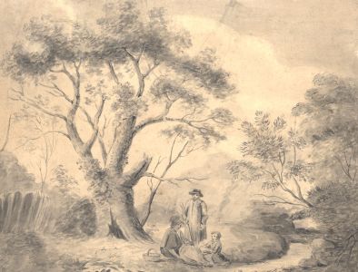 Monochrome 19th Century Watercolour - Family Resting on River Bank