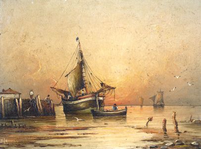 J.L.C. - Late 19th Century Oil, Dusk Shipping Scene