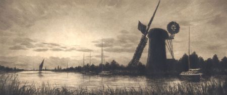 K. Vernon - Early 20th Century Etching, River Landscape with Windmill