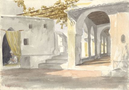 Charles Vacher (1818-1883) - 1849 Watercolour, Algiers Courtyard Scene