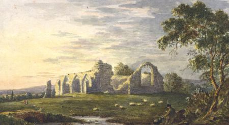 Fine 19th Century Watercolour - Dusk Landscape with Figures and Church Ruins