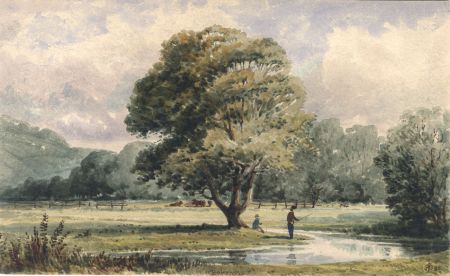 R.J.D. - 1880 Watercolour, Figures Fishing in a Landscape
