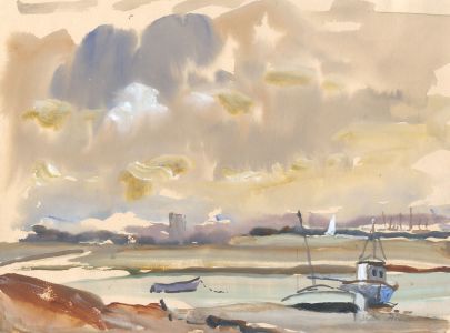 Jean Dryden Alexander (1911-1994) - 1989 Gouache, Boats at Walton Backwater