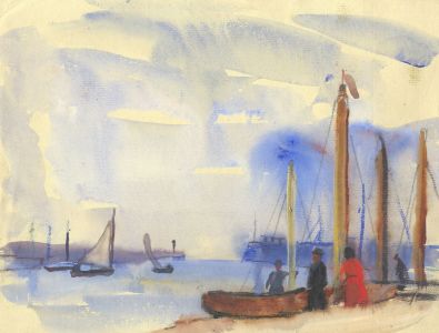 Jean Dryden Alexander (1911-1994) - Gouache, Harbour View with Figures