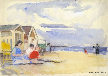 Jean Dryden Alexander (1911-1994) - Gouache, Figures and Huts on a Beach 