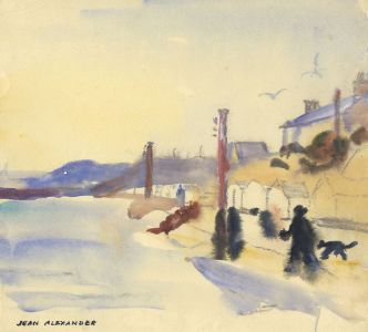 Jean Dryden Alexander (1911-1994) - Watercolour, Figure and Dog on a Beach