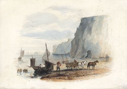 English School 19th Century Watercolour - Fisherfolk and Horses on a Beach