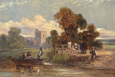 J.B.B - Signed English School 1877 Oil, Figures on a River, a Cathedral Beyond