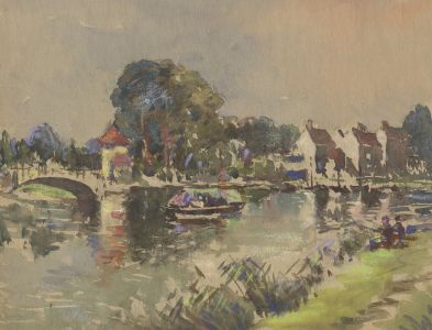 George William Collins (1863-1949) - Watercolour, River Scene with Figures