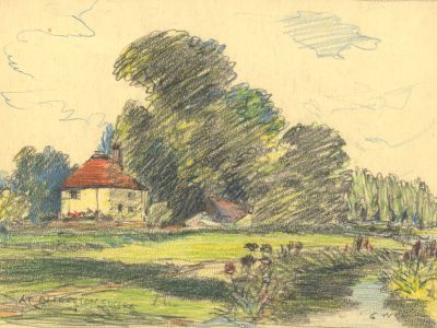 George William Collins (1863-1949) - 1937 Crayon, Garden at Alfriston, Sussex