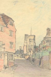 George William Collins (1863-1949) -  Crayon, Street Scene, Market Town 