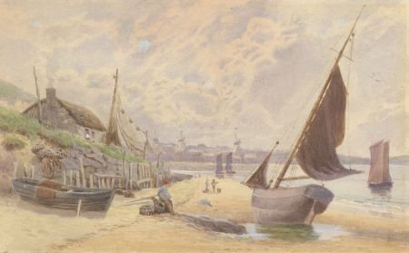 F.B. - 19th Century Watercolour, Coastal Scene with Windmills