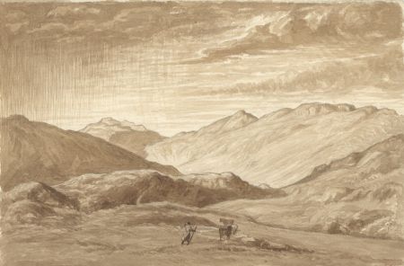 Sepia Mid 19th Century Watercolour - Figure in a Mountainous Landscape