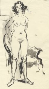 Peter Collins ARCA - c.1970s India Ink, Nude In Front of Chair