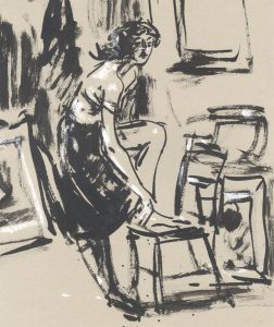 Peter Collins ARCA - c.1970s India Ink, Woman Tying Shoes